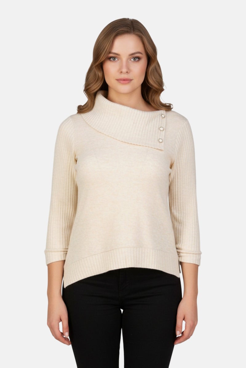 ADRIENNE VITTADINI Women Split Neck 3/4 Sleeve Ribbed Top, Beige - Image 1