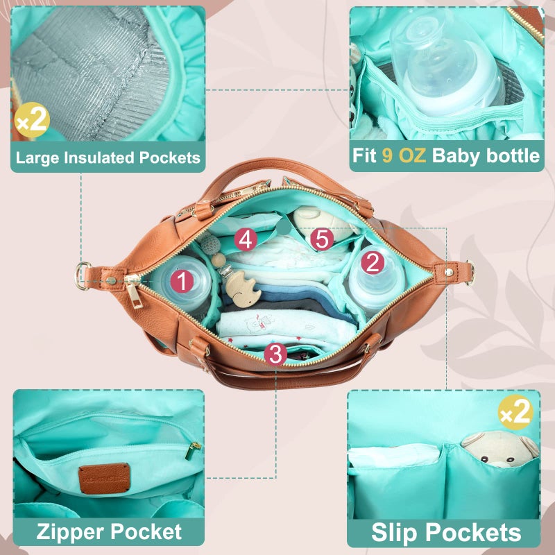 MOMINSIDE Small Diaper Bag, Mini Diaper Tote, Leather Diaper Bag Purse, Crossbody Baby Bag with 13 Pockets, Diaper Clutch for Women Mom, 2 Insulated Pockets(Brown) - Image 4