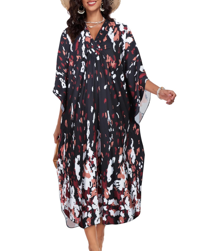 JILUVIN Kaftan Dresses for Women Plus Size V Neck Caftans Long Batwing Sleeve Beach Cover Ups Summer Floral Print Dress 2026 (Pink White Spot,One Size) - Image 4