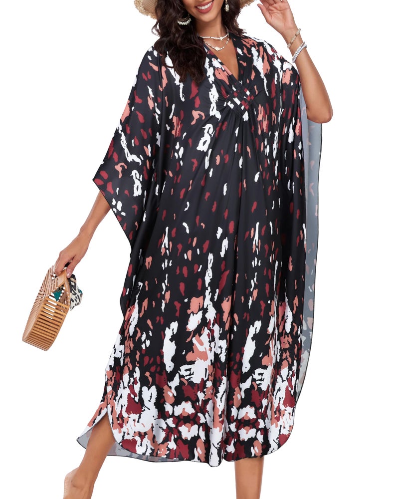 JILUVIN Kaftan Dresses for Women Plus Size V Neck Caftans Long Batwing Sleeve Beach Cover Ups Summer Floral Print Dress 2026 (Pink White Spot,One Size) - Image 2