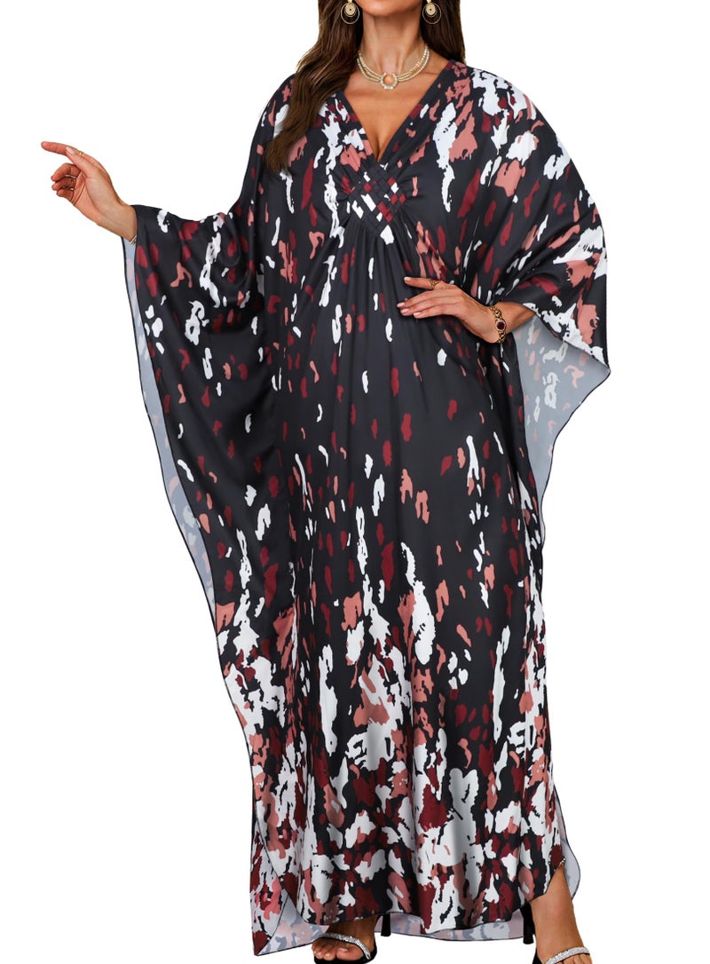 JILUVIN Kaftan Dresses for Women Plus Size V Neck Caftans Long Batwing Sleeve Beach Cover Ups Summer Floral Print Dress 2026 (Pink White Spot,One Size) - Image 1
