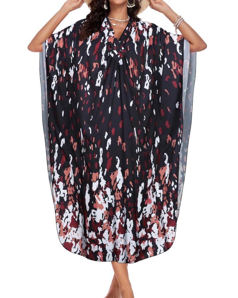 JILUVIN Kaftan Dresses for Women Plus Size V Neck Caftans Long Batwing Sleeve Beach Cover Ups Summer Floral Print Dress 2026 (Pink White Spot,One Size) - Image 5