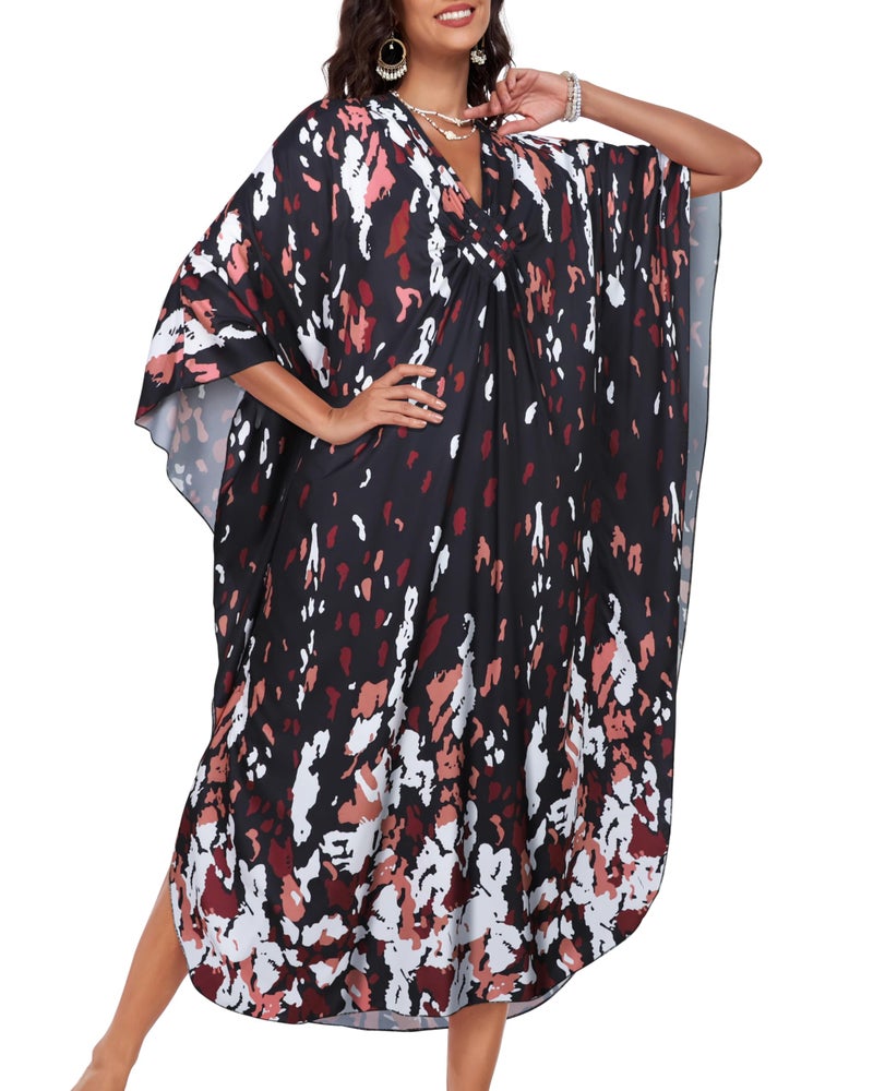 JILUVIN Kaftan Dresses for Women Plus Size V Neck Caftans Long Batwing Sleeve Beach Cover Ups Summer Floral Print Dress 2026 (Pink White Spot,One Size) - Image 3