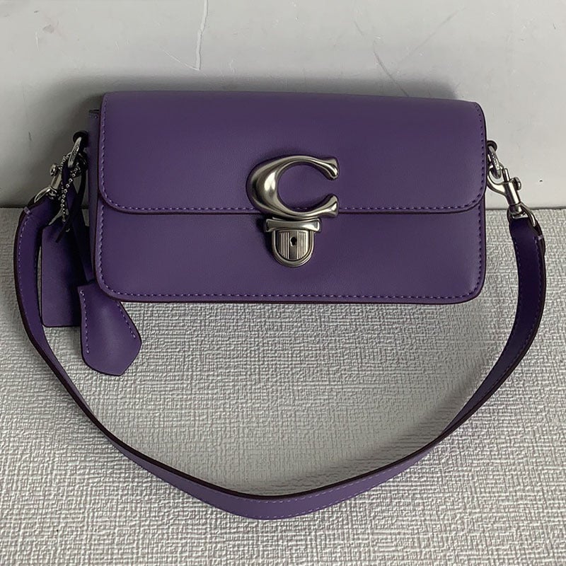 Genuine Leather womens bag 2023 new studio shoulder crossbody small square bag French simple baguette bag flip underarm bag Purple