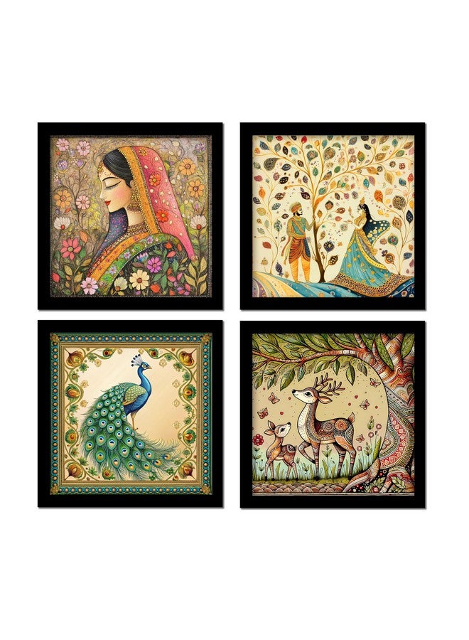 Rousrie Madhubani Art Framed Painting For Home, Living Room, Hall | Traditional Rajasthani Pichwai Art Paitnings With Frame For Home Decor (Set Of 4) - Image 1