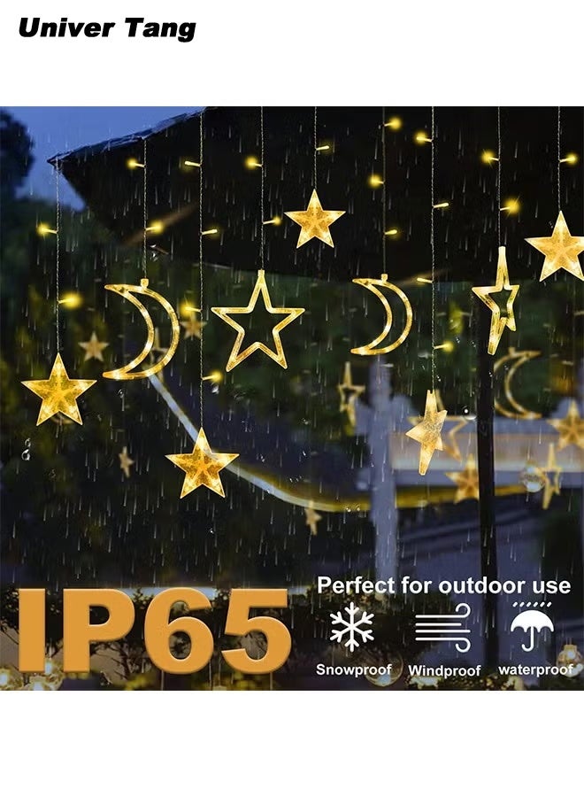 صورة العالمة أضواء ستارة زخرفية لشهر رمضان على شكل نجوم وهلال بطول 3.5 متر (ضوء دافئ): تعمل بصندوق بطاريات، تحتوي على 8 أوضاع، مناسبة لتزيين المنزل أو الحفلات في رمضان. - Image 3