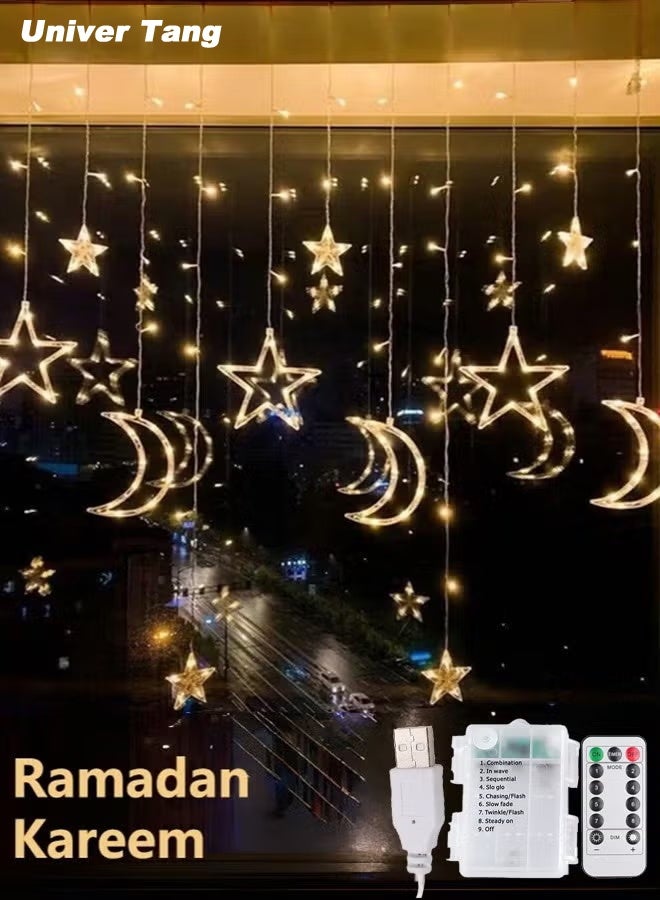صورة العالمة أضواء ستارة زخرفية لشهر رمضان على شكل نجوم وهلال بطول 3.5 متر (ضوء دافئ): تعمل بصندوق بطاريات، تحتوي على 8 أوضاع، مناسبة لتزيين المنزل أو الحفلات في رمضان. - Image 1