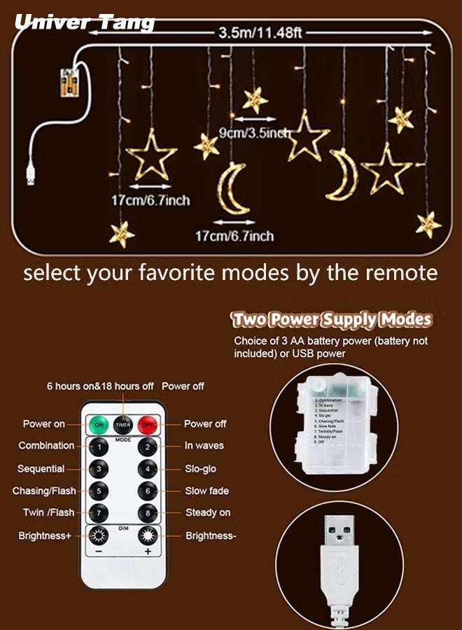 صورة العالمة أضواء ستارة زخرفية لشهر رمضان على شكل نجوم وهلال بطول 3.5 متر (ضوء دافئ): تعمل بصندوق بطاريات، تحتوي على 8 أوضاع، مناسبة لتزيين المنزل أو الحفلات في رمضان. - Image 2