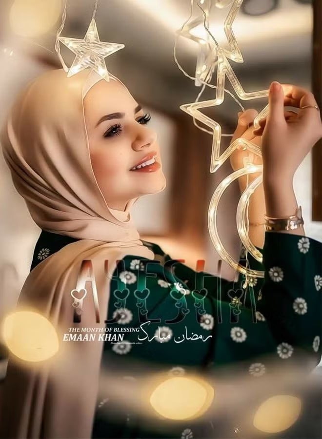 صورة العالمة أضواء ستارة زخرفية لشهر رمضان على شكل نجوم وهلال بطول 3.5 متر (ضوء دافئ): تعمل بصندوق بطاريات، تحتوي على 8 أوضاع، مناسبة لتزيين المنزل أو الحفلات في رمضان. - Image 4