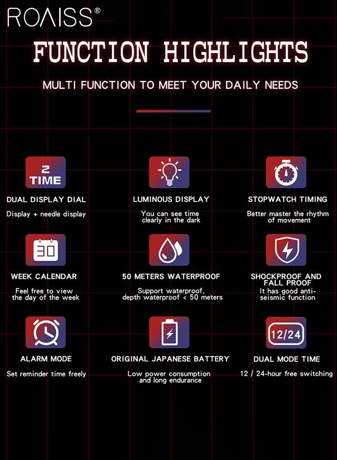 رويس ساعة رياضية للرجال متعددة الوظائف مقاومة للماء حتى عمق 50 متر بسوار من مادة TPU مضيئة مع منبه وساعة توقيت 12 ساعة/24 ساعة للأنشطة الخارجية - Image 5