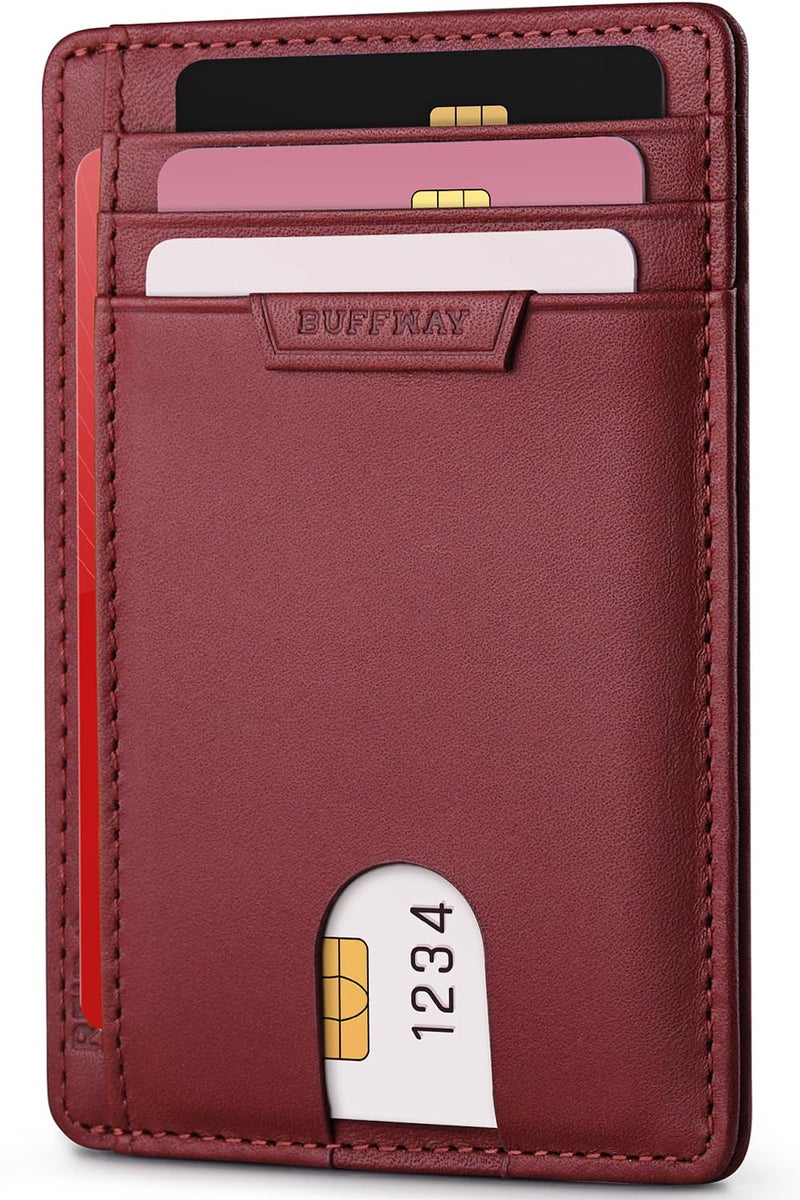 Buffway Slim Wallet for Men Women Minimalist Small Leather Front Pocket Wallets with RFID Blocking and Gifts Box - Bassa Mars Red - Image 1