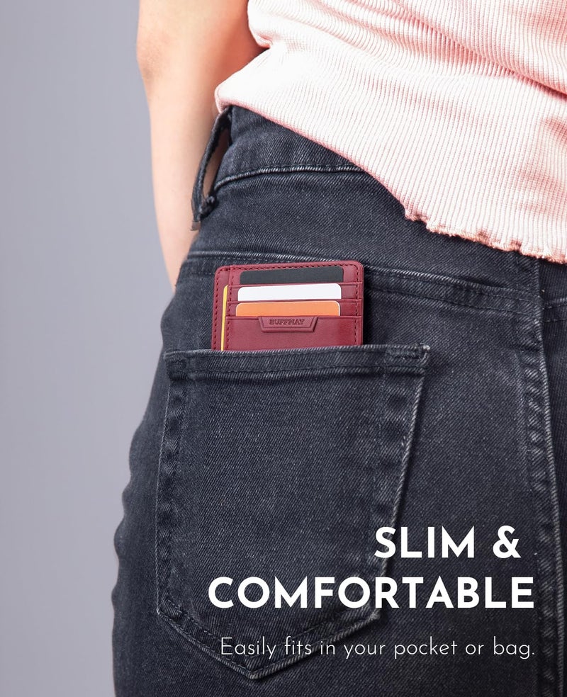 Buffway Slim Wallet for Men Women Minimalist Small Leather Front Pocket Wallets with RFID Blocking and Gifts Box - Bassa Mars Red - Image 3