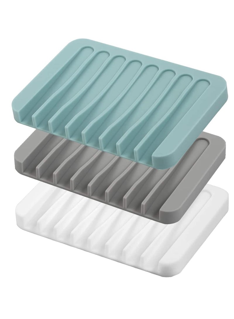 Self Draining Soap Dishes, 3 Pcs Silicone Soap Saver, Waterfall Drainer Soap Holder for Bathroom, Extend Soap Life, Keep Soap Bars Dry Clean  Easy Cleaning (White, Gray, Teal)
