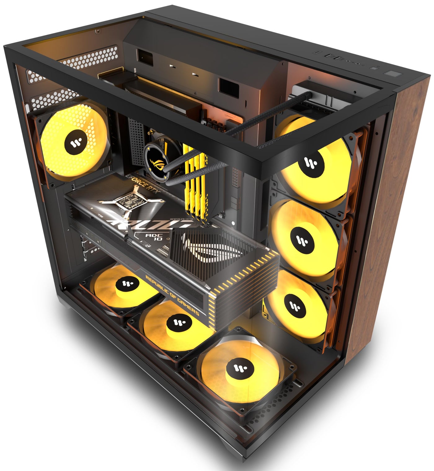 KEDIERS PC CASE ATX 6 PWM ARGB Fans Pre-Installed, Mid Tower Computer Case with Full-View Tempered Glass, Type-C,Printed Walnut Wood Panels,Support 360mm Radiator,Black Gaming Case (P7)