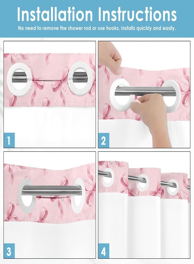 Nesphy No Hook Pink Bows Shower Curtain with Snap in Fabric Liner Set, Cute Bow Girly Double Layers Waterproof Fabric with See Through Top Window Open Grommet Bath Curtain 71x74 Inch - Image 2
