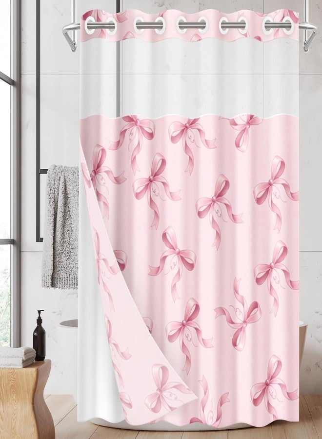 Nesphy No Hook Pink Bows Shower Curtain with Snap in Fabric Liner Set, Cute Bow Girly Double Layers Waterproof Fabric with See Through Top Window Open Grommet Bath Curtain 71x74 Inch - Image 1