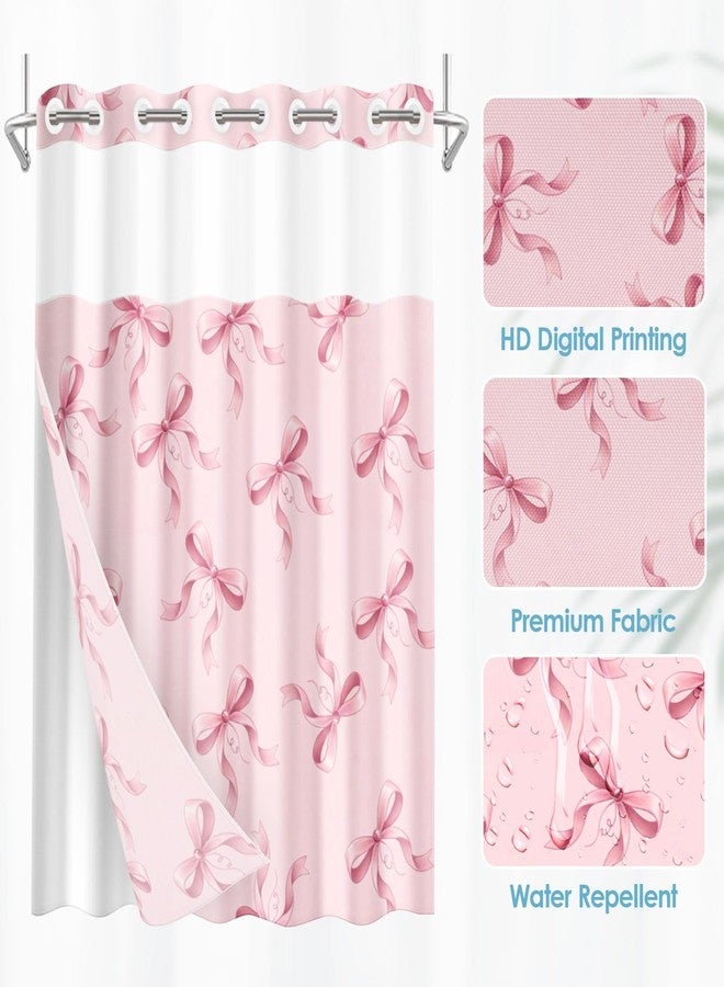 Nesphy No Hook Pink Bows Shower Curtain with Snap in Fabric Liner Set, Cute Bow Girly Double Layers Waterproof Fabric with See Through Top Window Open Grommet Bath Curtain 71x74 Inch - Image 4