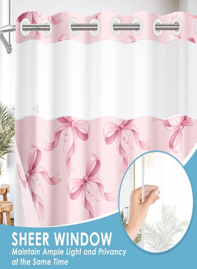 Nesphy No Hook Pink Bows Shower Curtain with Snap in Fabric Liner Set, Cute Bow Girly Double Layers Waterproof Fabric with See Through Top Window Open Grommet Bath Curtain 71x74 Inch - Image 3