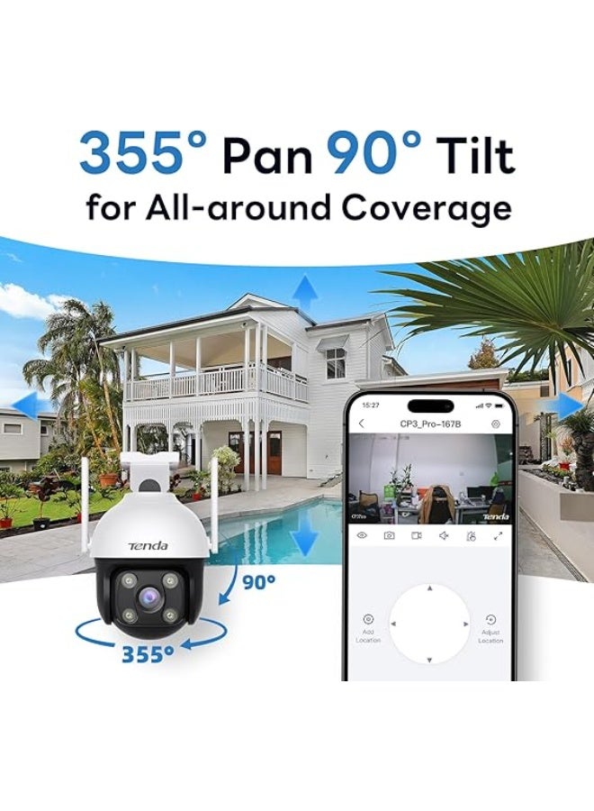 تيندا كاميرا تيندا الأمنية الخارجية بزاوية 360 درجة ودقة 3K - تتميز بدقة 5 ميجابكسل وإمكانية الدوران والإمالة ورؤية ليلية ملونة بفضل 4 كشافات ضوئية وهوائيات واي فاي مزدوجة وتقنية الكشف الذكي للأشخاص - Image 2