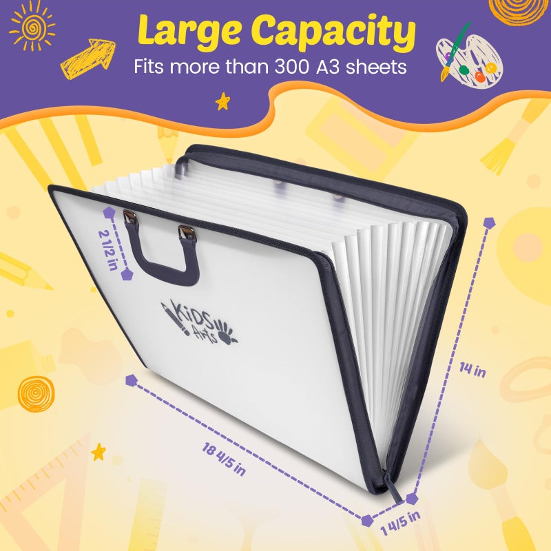 CRAFTALENT 11x17 Kids Art Portfolio - Accordian File Organizer with 13 Pockets, Art Portfolio for Kids with Handle and Zipper Closure - Oxford Cloth, Frosted Translucent Artwork Folder for Children - 1 Pack - Image 2