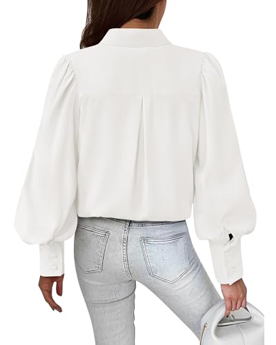 BTFBM Women Fashion Button Down Shirts V Neck Printed Solid Boho Long Sleeve Blouses Dressy Casual Summer Fall Tops(Solid White, Large) - Image 5