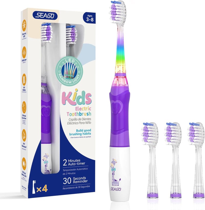 Seago Kids Electric Toothbrush with 2 Mins Brushing Timer and 4 Replacement Bursh Heads,Rainbow LED Light Make Brushing Fun, Purple Color Girls Battery Powerd Toothbrush for 4-12 Years Old - Image 1