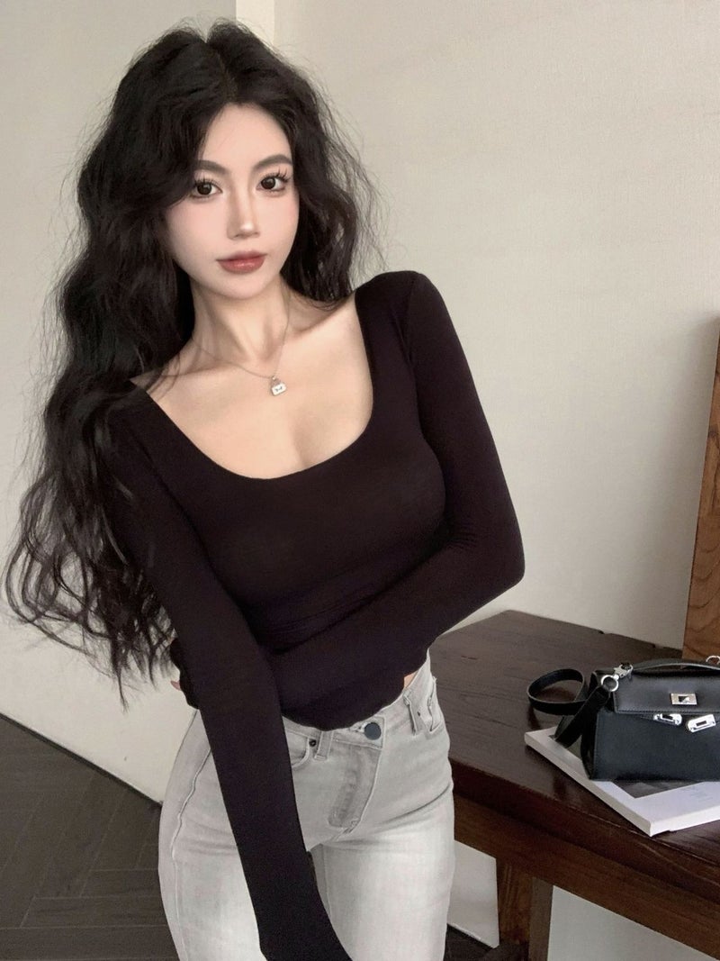 [] Pure Desire Wind Short T-Shirt Top Women'S Waistline Slim Inner Long Sleeve Irregular Base Shirt - Image 3