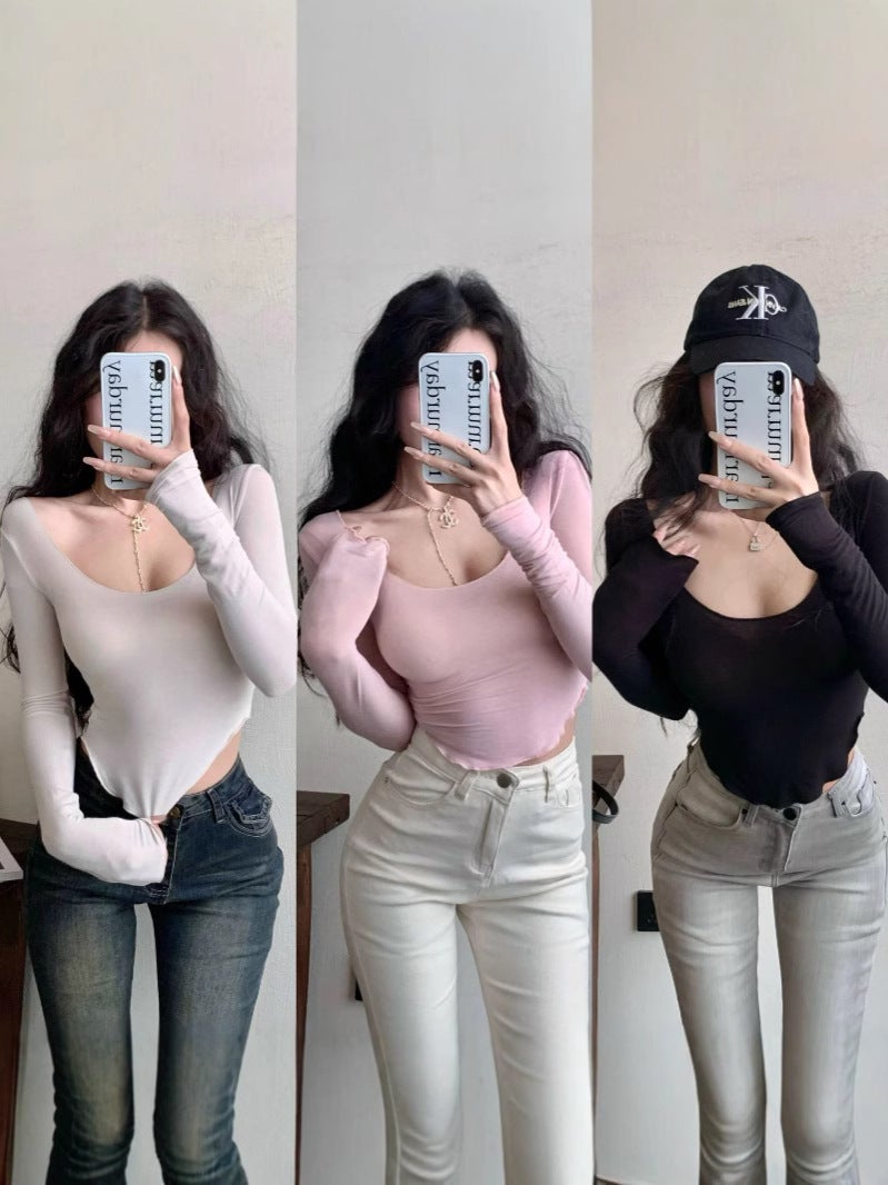 [] Pure Desire Wind Short T-Shirt Top Women'S Waistline Slim Inner Long Sleeve Irregular Base Shirt - Image 4