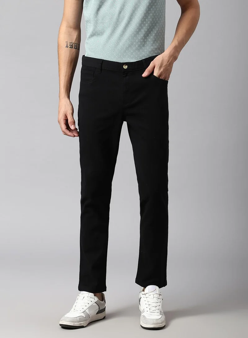 Dennis Lingo Men's Black Cotton Blend Solid Pattern Full Length Tapered Trouser