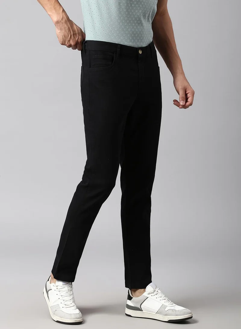 Dennis Lingo Men's Black Cotton Blend Solid Pattern Full Length Tapered Trouser