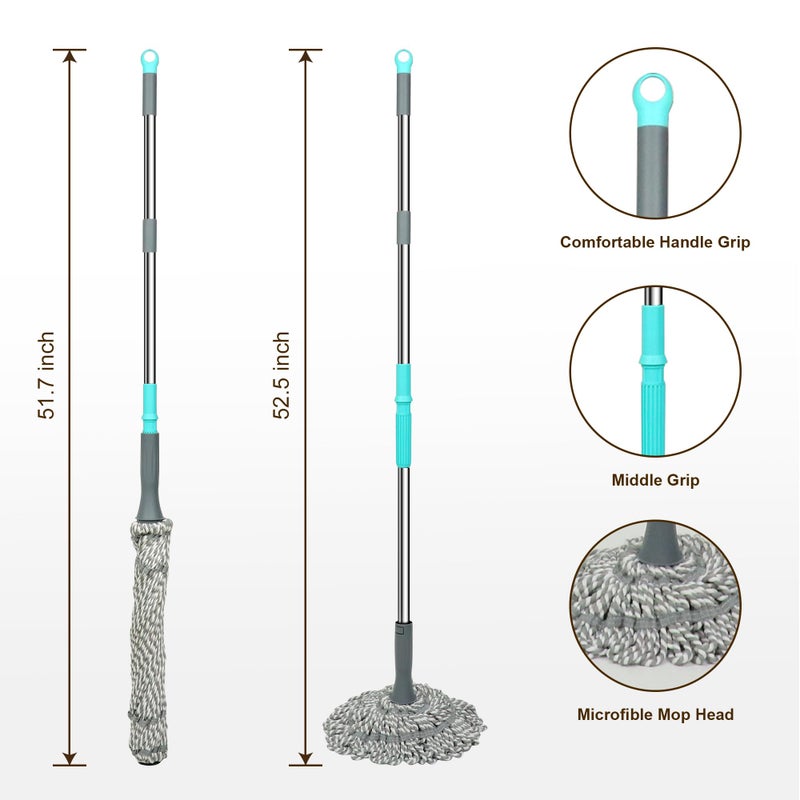 Kickleen Self Wringing Mop - Easy Squeeze Twist Mop with 52.5 Inch Long Handle, Heavy Duty for Hardwood, Tile, Vinyl & Laminate Floors (Gray) - Image 2