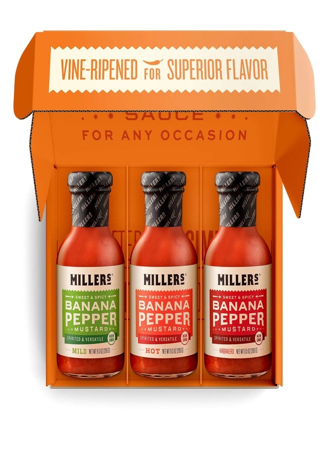 Millers Miller's Banana Pepper Mustard Sauce Gift Box - Includes Hot, Mild, Habanero - Best Use for Chicken Wing, Burgers, Sandwich, Non-GMO Project Verified, 9.5 Ounce (Pack of 3) - Image 2