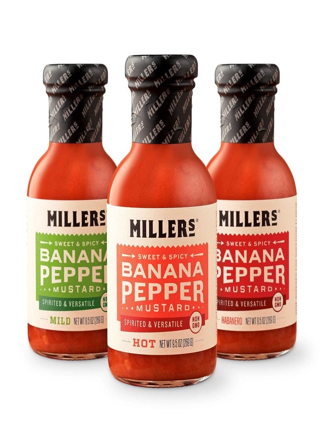 Millers Miller's Banana Pepper Mustard Sauce Gift Box - Includes Hot, Mild, Habanero - Best Use for Chicken Wing, Burgers, Sandwich, Non-GMO Project Verified, 9.5 Ounce (Pack of 3) - Image 3
