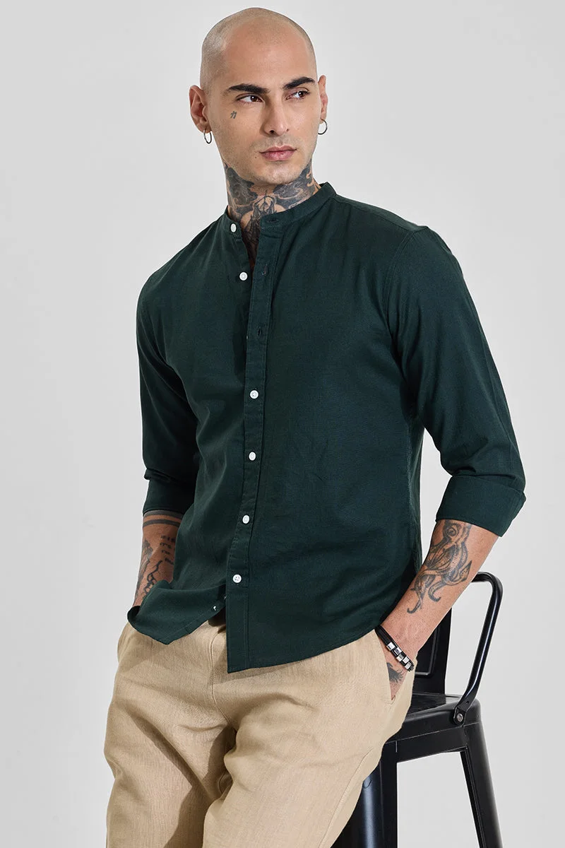 SNITCH Deep Forest Green Solid Long Sleeve Slim Fit Shirt