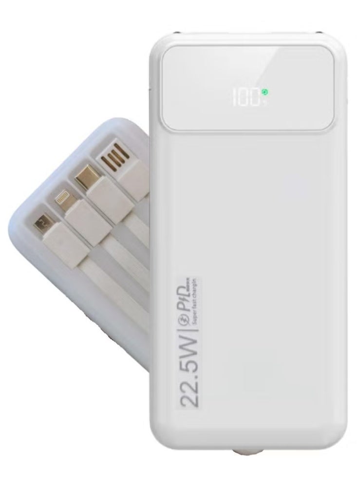 LEVINO باور بانك 30000 مللي أمبير 22.5 واط شحن سريع مع 2 منفذ USB و 1 منفذ Type-C، شاشة رقمية، حماية من زيادة الجهد ودرجة الحرارة، كابلات Type-C، Lightning وUSB مدمجة - أبيض - Image 1