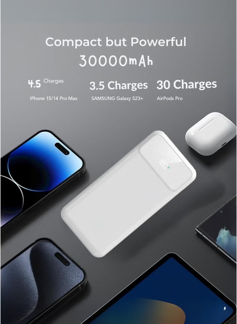 LEVINO باور بانك 30000 مللي أمبير 22.5 واط شحن سريع مع 2 منفذ USB و 1 منفذ Type-C، شاشة رقمية، حماية من زيادة الجهد ودرجة الحرارة، كابلات Type-C، Lightning وUSB مدمجة - أبيض - Image 3