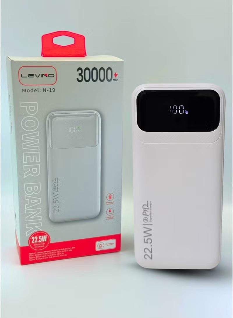 LEVINO باور بانك 30000 مللي أمبير 22.5 واط شحن سريع مع 2 منفذ USB و 1 منفذ Type-C، شاشة رقمية، حماية من زيادة الجهد ودرجة الحرارة، كابلات Type-C، Lightning وUSB مدمجة - أبيض - Image 4