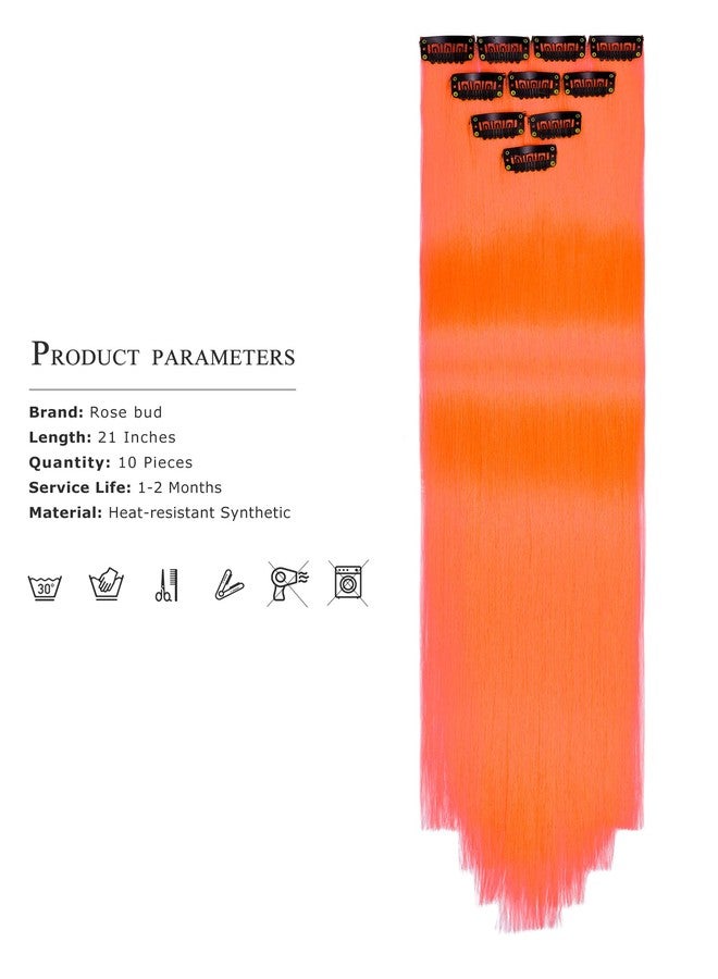 Rose bud Coloured Hair Extensions Clip in 10 pcs Straight Synthetic Hairpieces Highlights 21 Inch Orange Clip on Hair Extension for Women Girls Christmas Party - Image 5