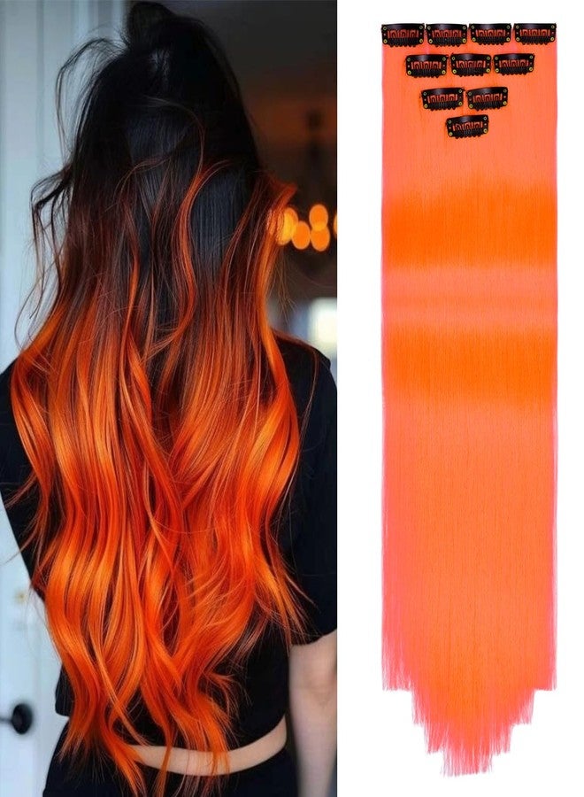 Rose bud Coloured Hair Extensions Clip in 10 pcs Straight Synthetic Hairpieces Highlights 21 Inch Orange Clip on Hair Extension for Women Girls Christmas Party - Image 1