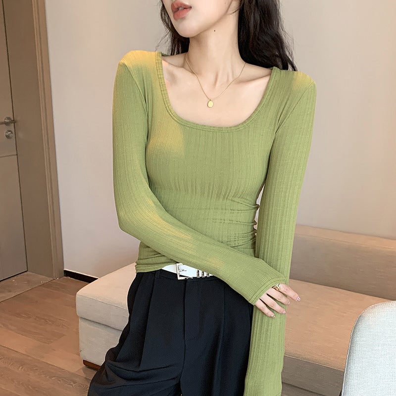 New Large U-Neck T-Shirt Women's Base Layer Long Sleeve Top Low-Cut Slim Fit Spring Style