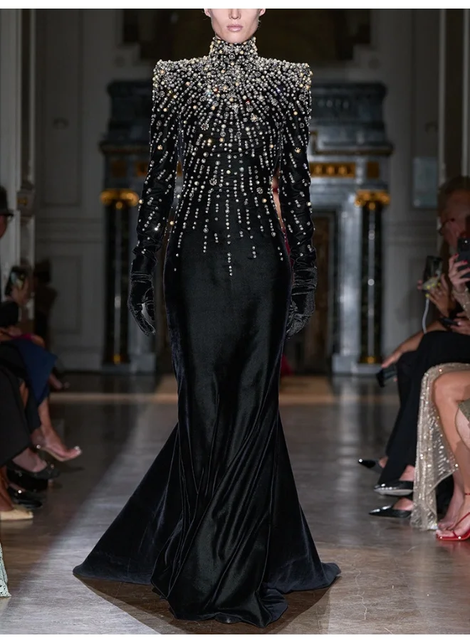 Madam Uniq Elegant Long Evening Gown with Heavy Embroidery, Beadwork, and Rhinestone Details in Luxurious Velvet