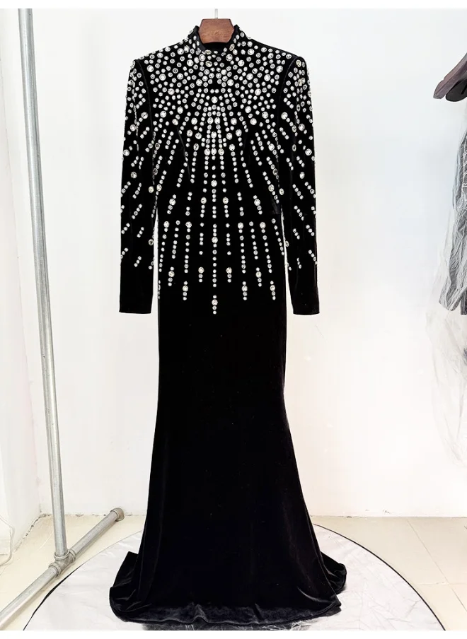 Madam Uniq Elegant Long Evening Gown with Heavy Embroidery, Beadwork, and Rhinestone Details in Luxurious Velvet