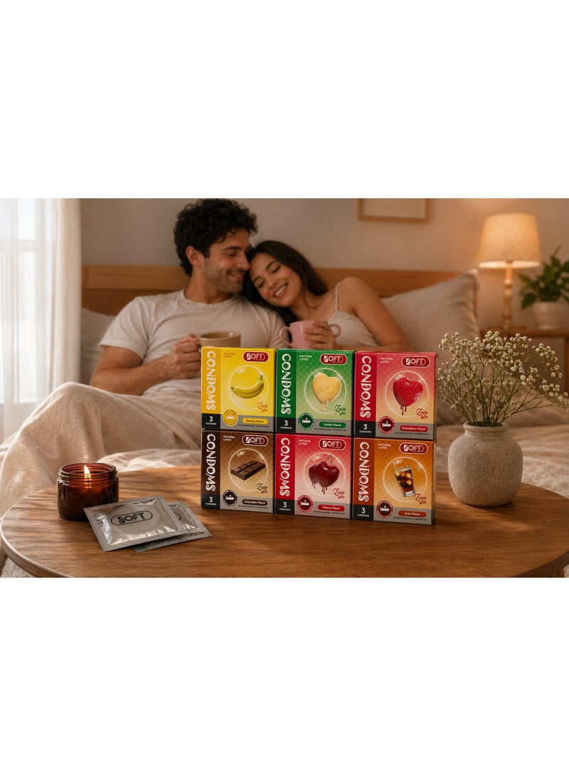 سوفت مجموعة واقيات ذكرية من SOFT Medical بنكهات متنوعة – 6 عبوات × 3 قطع، لاتكس طبيعي، موز وفانيليا وفراولة وشيكولاتة وكرز وكولا - Image 5