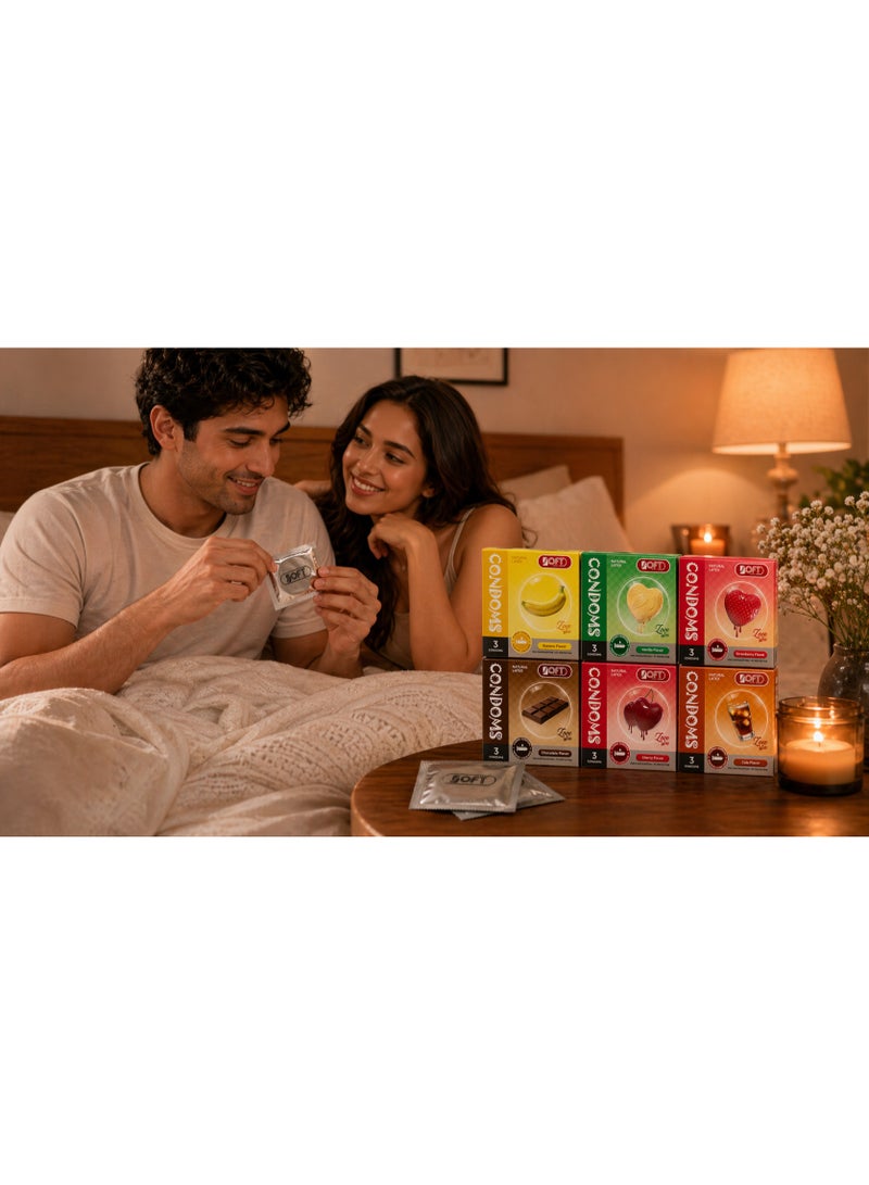 سوفت مجموعة واقيات ذكرية من SOFT Medical بنكهات متنوعة – 6 عبوات × 3 قطع، لاتكس طبيعي، موز وفانيليا وفراولة وشيكولاتة وكرز وكولا - Image 2