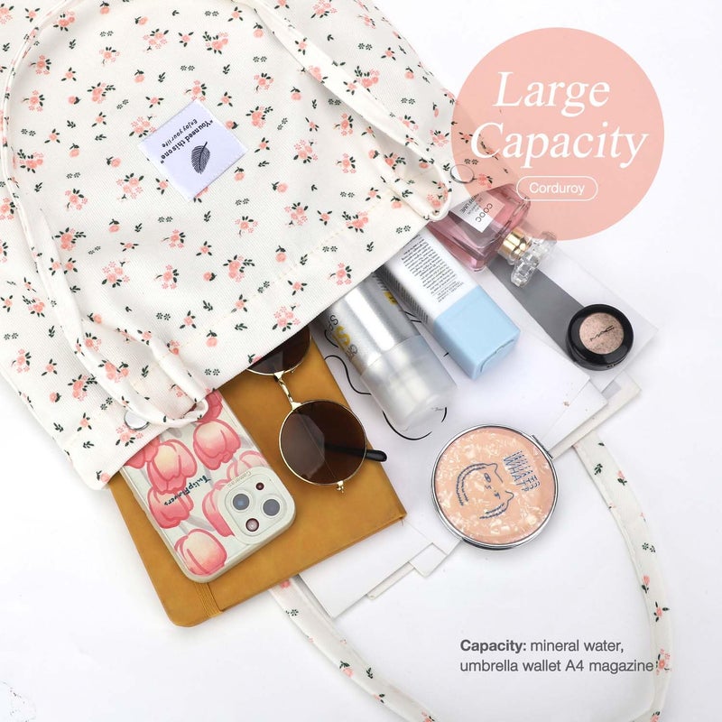 LHMTQVK Corduroy Tote Bags for Women, Large Capacity Corduroy Bag Reusable Grocery Shoulder Bag with Inner Pockets(Small Pink Flower) - Image 3