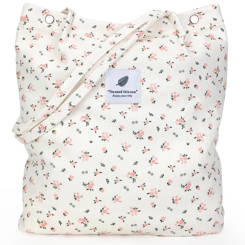 LHMTQVK Corduroy Tote Bags for Women, Large Capacity Corduroy Bag Reusable Grocery Shoulder Bag with Inner Pockets(Small Pink Flower) - Image 1