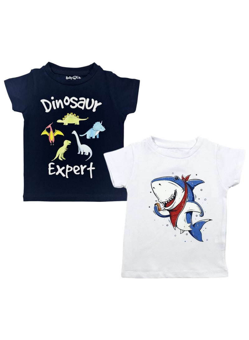 Baby Co. Dinosaurs & Shark Graphic Cotton T-shirts  (2 Pack)  - Image 1