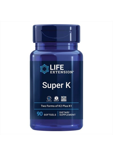 Super K – Vitamin K1 and Two Forms of K2 for Bone, Heart, and Arterial Health - Gluten-Free, Once Daily, Non-GMO - 90 Count (Pack of 1)