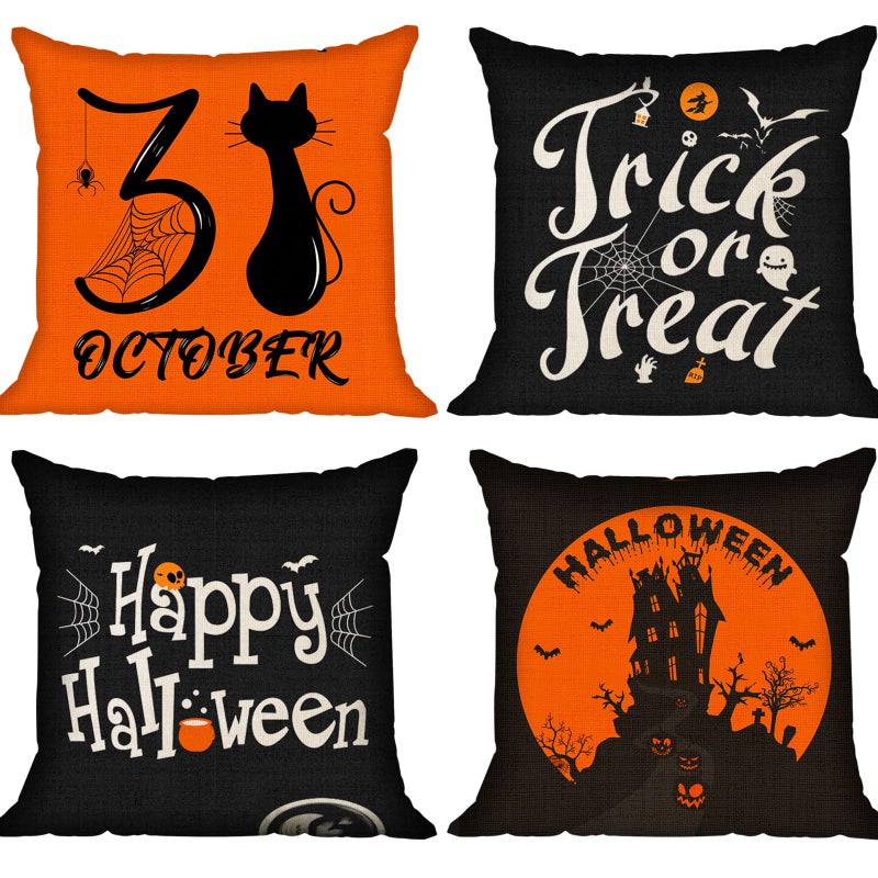 CREATRILL Set of 4 Halloween Pillow Covers 18 x 18 Inch Black Cat Castle Soft Linen Trick or Treat Pillowcase Rustic Halloween Decorations for Farmhouse Sofa Couch Car Orange