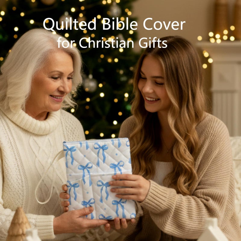 Gilprop Blue Bow Bible Book Sleeve with Zipper 11" x 9" Padded Protector Washable Quilted Book Covers Printed Bible Pouch with Handle Pockets Protector for Books Lover Christian Gifts - Image 3
